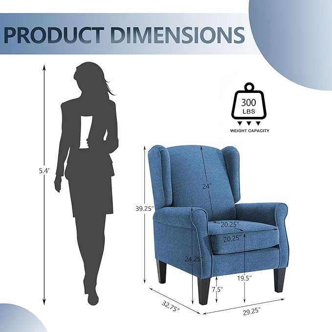 Accent Chairs, Mid Century Blue Bedroom Reading Seats in Fabric, Modern Living Room Single Upholstered Sofa Couch, Elegant High Wingback Arm Chair for Adults, Sillones para Sala