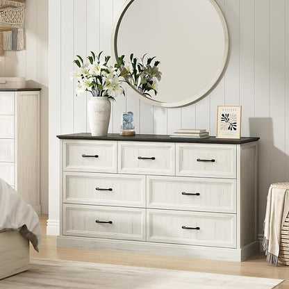 Farmhouse 7 Drawer Dresser for Bedroom, 55 Inch Wide Modern White Dresser TV Stand with Large Drawers & Bar Handles, Rustic Wood Chest of Drawers for Bedroom, Living Room