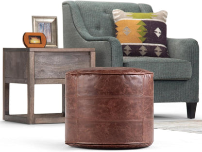 SIMPLIHOME Connor Round Pouf - 18 inch Wide Upholstered Genuine Leather Ottoman in Distressed Brown, Boho Footstool or Extra Seating for Living Room or Bedroom with Polystyrene Filling, Assembled