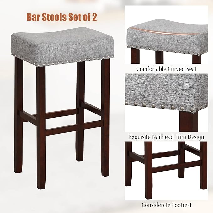 COSTWAY Counter Height Bar Stools Set of 2, 29.5-inch Backless Saddle Stools with Nailhead Trim, Rubber Wood Frame, Footrest, Max Load 330 Lbs, Upholstered Barstools for Kitchen Island Pub, Grey