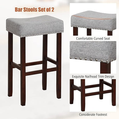 COSTWAY Counter Height Bar Stools Set of 2, 29.5-inch Backless Saddle Stools with Nailhead Trim, Rubber Wood Frame, Footrest, Max Load 330 Lbs, Upholstered Barstools for Kitchen Island Pub, Grey