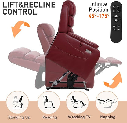 EONIX Wide Lay Flat Power Lift Recliner Chair for Elderly, Heavy Duty Oversized Breathable Faux Leather Lift Chairs Recliner Sofa with Heat and Massage and Charging Ports, Burgundy