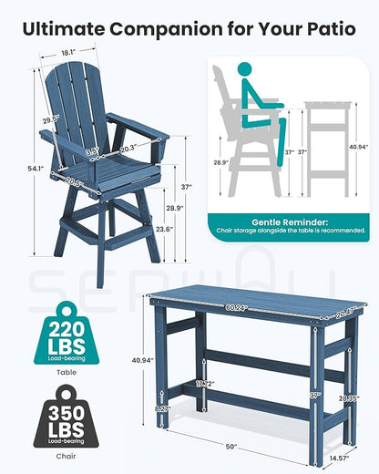 SERWALL 3-Piece Swivel Adirondack Bar Set, HDPE Swivel Bar Height Chairs Set of 2 with Bar Table, All-Weather Outdoor Barstools for Patio, Poolside, Garden, Blue