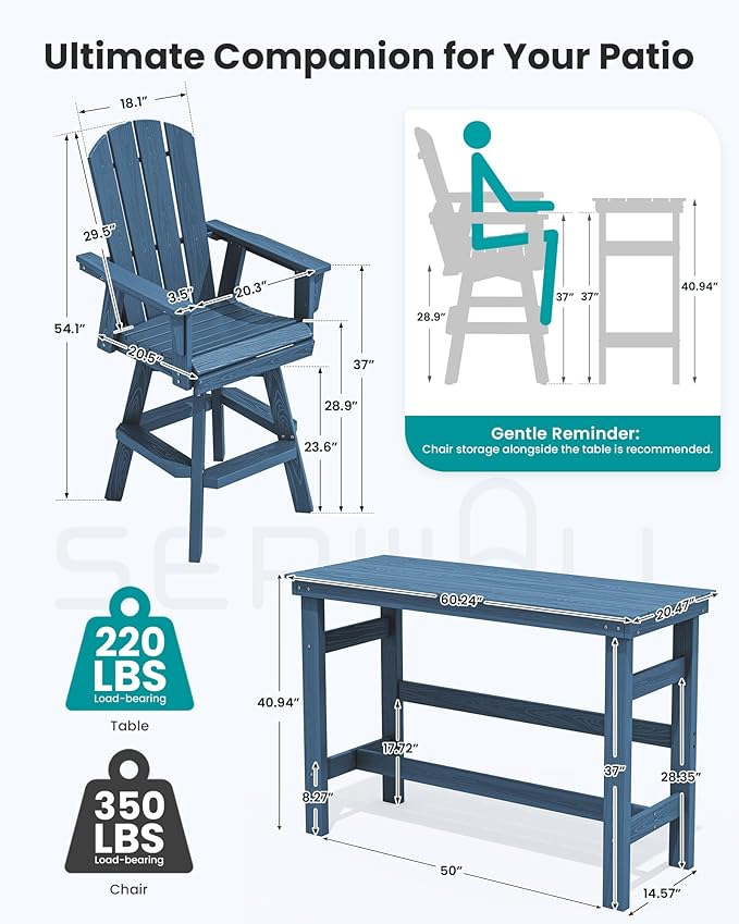 SERWALL 5-Piece Swivel Adirondack Bar Set, HDPE Swivel Bar Height Chairs Set of 4 with Bar Table, All-Weather Outdoor Barstools for Patio, Poolside, Garden, Blue