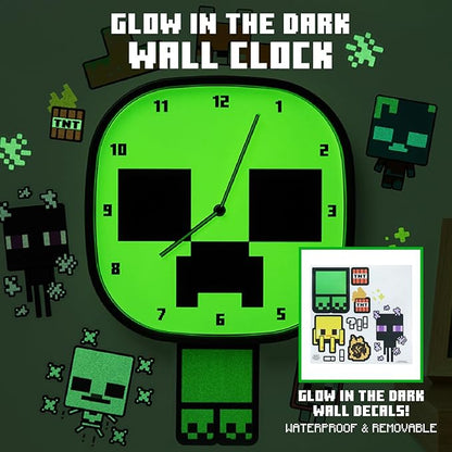 Minecraft Creeper Glow In the Dark Wall Clock - Officially Licensed Silent, Non-Ticking Clock - Includes 3 Sheets of Removable Minecraft Decals - Minecraft Room Decor for Boys | Paladone