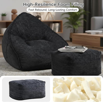 Cloud Bean Bag Chair with Ottoman for Adults, Comfy Corduroy Chaise Lounge Chair with High-Resilience Foam, Oversized Boneless Reading Chair for Bedroom & Living Room Black