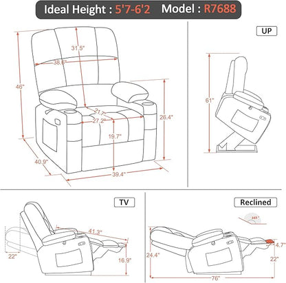 MCombo Oversized Dual Motor Power Lift Recliner Chair Sofa with Massage and Heat for Big Elderly People, Infinite Position, USB Ports, Fabric R7688 (Beige, Large-Oversize)