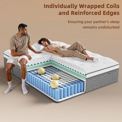 Mattress Queen Size, Medium Firm 14 Inch Mattress with Extra Lumbar & Shoulder Support, Hybrid Mattresses with Gel Memory Foam Pain Relief - Fiberglass Free - No Odor - 365 Night Trial