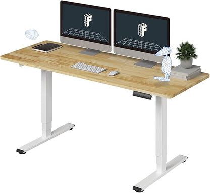 FlexiSpot E6 Solid Wood 3-Stage Dual Motor 63 x 24 Electric Standing Desk, Holds 220 lbs, Adjustable Height w/ Memory Presets, Butcher Block Rubberwood Desktop & White Frame, Ships in 2 Boxes