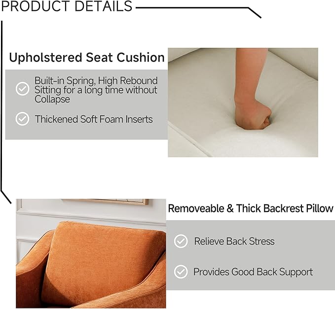 UIXE Swivel Accent Chairs Set of 2, Chenille Upholstered Arm Chair for Living Room, Modern Club Armchair Comfy Single Sofa Bedroom Reading Seat with Lumbar Pillow - Orange