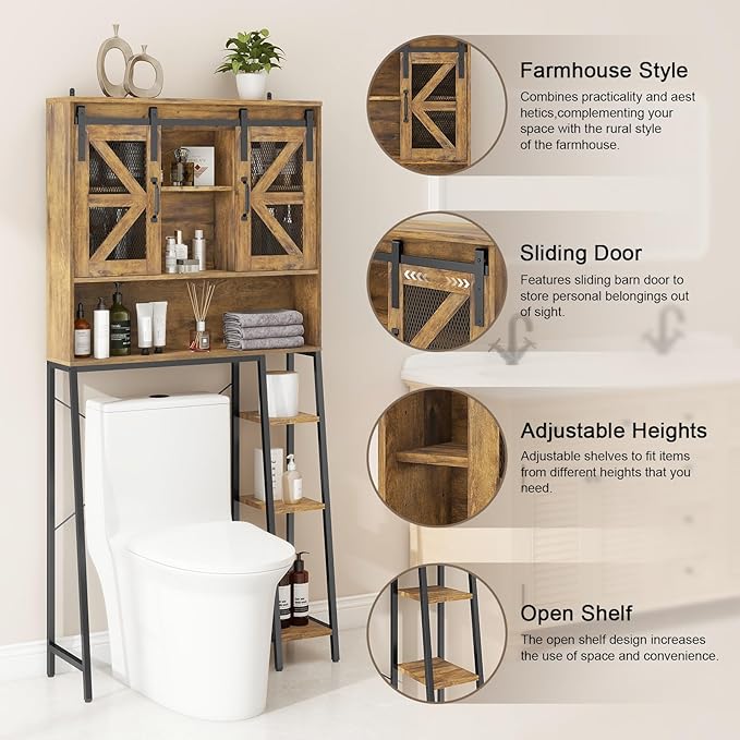 Over The Toilet Storage Cabinet, Farmhouse Storage Cabinet Over Toilet with 2 Sliding Barn Door，Home Space-Saving Toilet Rack, for Bathroom, Restroom, Laundry.(Brown)