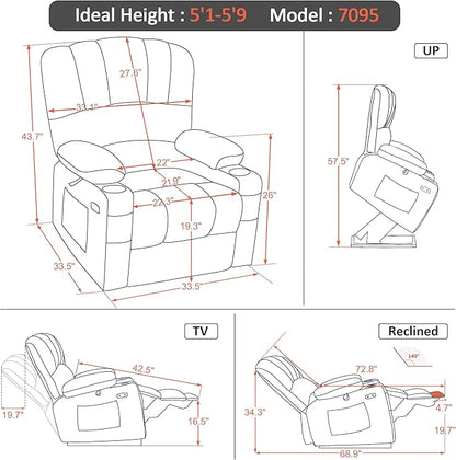 MCombo Power Lift Recliner Chair for Elderly, Lift Chair with Heat and Massage, USB &Type C Ports, Cup Holders, Faux Leather 7095 (Medium, Dark Brown)