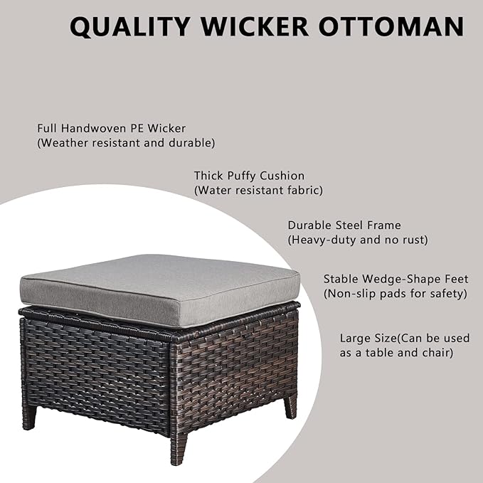 Rilyson Wicker Outdoor Patio Furniture Set - 4 Piece Patio Conversation Set with Swivel Rocker Chairs and Ottomans, 6 inch Cushions, High Back, Deep Seating, for Porch Deck Garden Brown/Grey