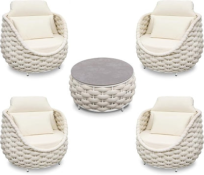 Woven Rope Patio Furniture Set: 5 Pieces Aluminum Outdoor Conversation Sofa Set All Weather - Cushioned Modern Deck Couch Set Assembled for 400lbs Front Porch Garden Lanai Sunroom Hotel, Beige