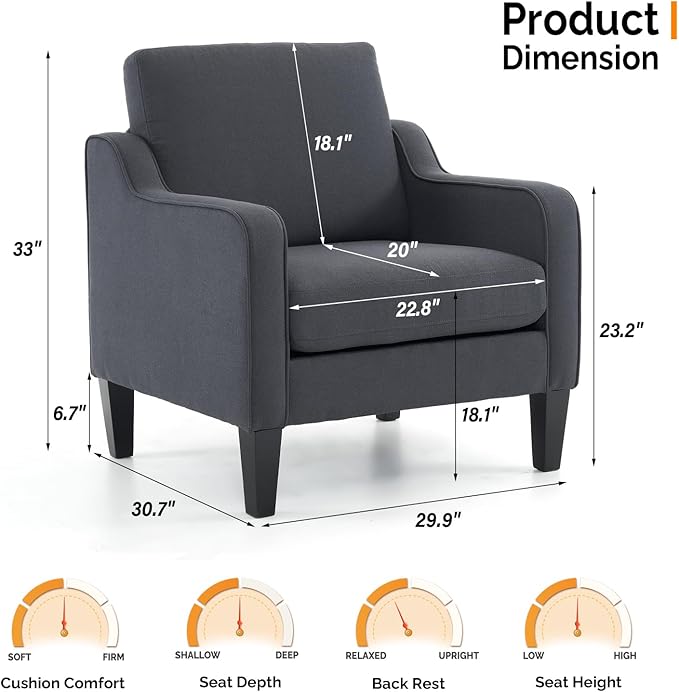 VINGLI Accent Chairs Set of 2 Living Room Chairs Dark Grey Reading Chair for Bedroom Scooped Arm Chair Mid Century Modern Linen Chairs Upholstered Comfy Chair for Apartment, Waiting Room