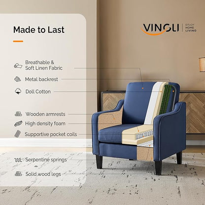 VINGLI Mid century Modern Accent Chair,Navy Blue Fabric Accent Chairs for Living Room Upholstered Armchair with Scooped Arms for Bedroom,Apartment,Studio,Office,Waiting Room