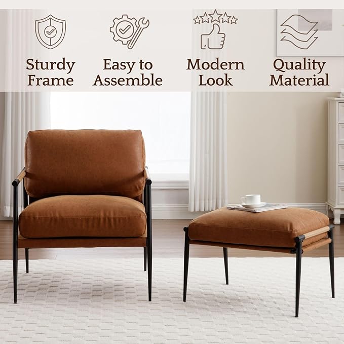 LukeAlon Mid-Century PU Leather Accent Chairs with Ottoman Set of 2, Soft Living Room Chairs with Metal Legs Modern Upholstered Armchairs Lounge Chair with Footstool for Bedroom Reading Room, Brown