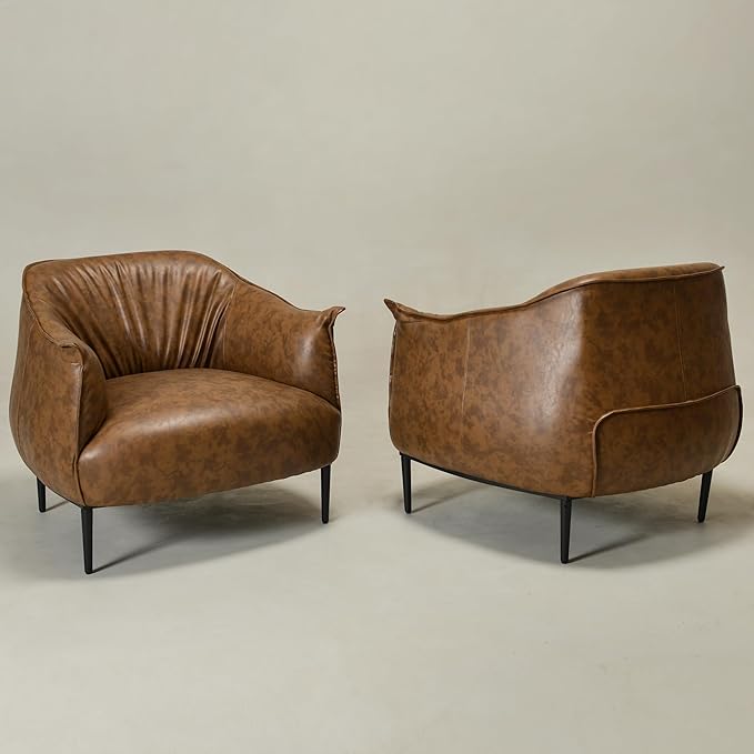 KINWELL 33" W Faux Leather Barrel Chairs Set of 2 with Hand-Tufted Pleated Back Flared Arms, Modern PU Upholstered Accent Chairs with Metal Legs, Large Armchairs Lounge Chairs for Living Room, Coffee