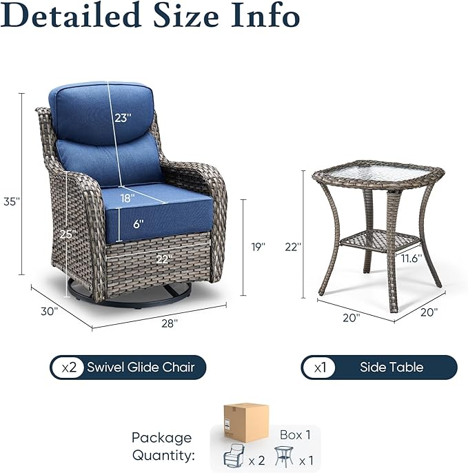 Belord Luxury 6" Thick Cushioned Outdoor Swivel Rocker Patio Chairs with Side Table, 3 Pieces High Back Wicker Furniture Set with Ergonomic Back, Conversation Gliders Set for Deck Porch - Grey+Blue