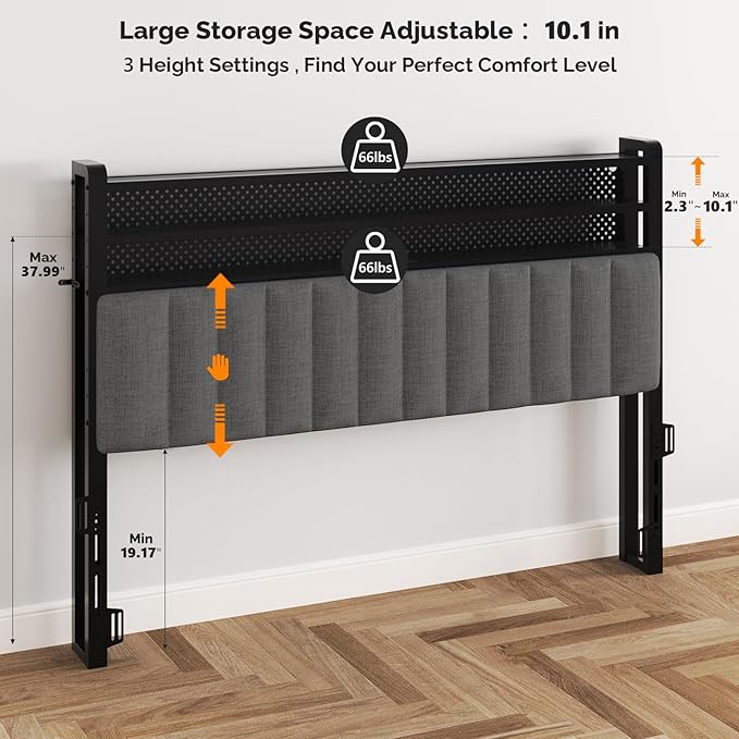 VINGLI Queen Size Headboard Only, Adjustable Upholstered Headboard with 3 Tier Shelves and Pegboard with Charging Stations and LED Lights, Modern Bed Headboard with Storage for Bedroom Decor