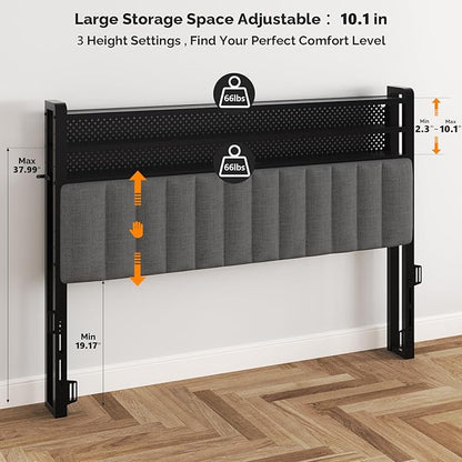 VINGLI King Size Headboard Only, Adjustable Upholstered Headboard with 3 Tier Shelves and Pegboard with Charging Stations and LED Lights, Modern Bed Headboard with Storage for Bedroom Decor