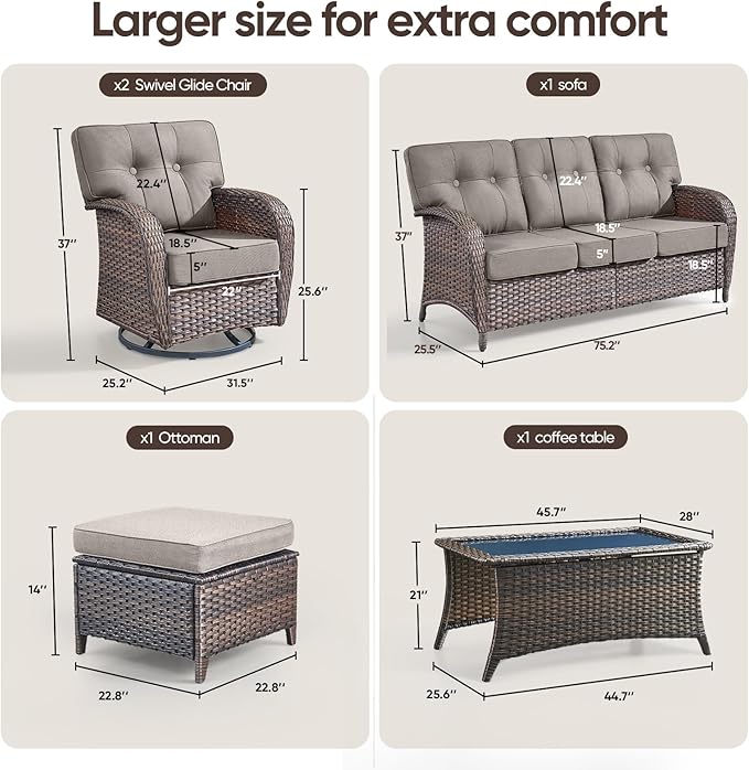 6-Piece Rotating Balcony Chair Set with 31-inch T-Shaped Wide backrest - Rattan Outdoor Rotating Balcony Chairs, Wide backrest Comfortable Outdoor Sliding Chair - Brown | Grey