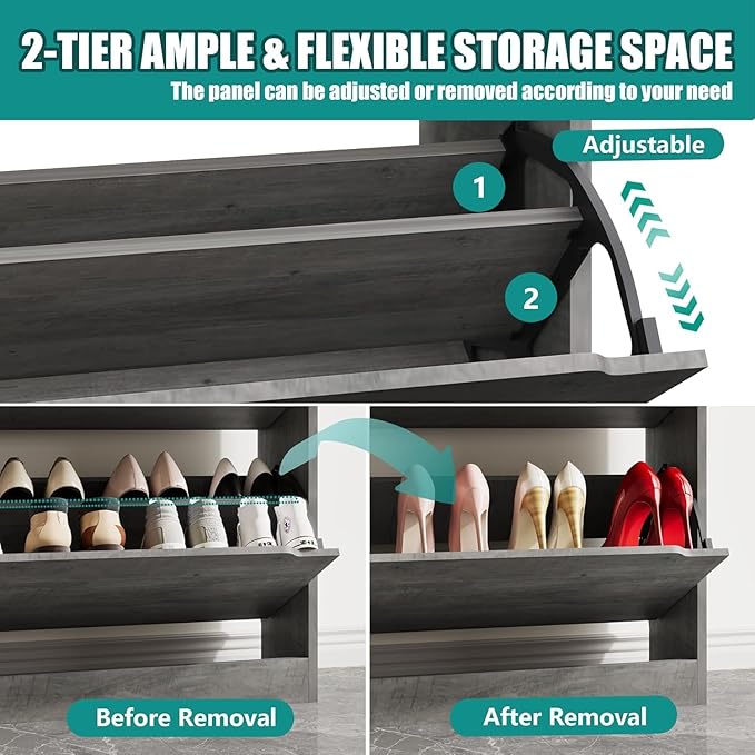 Shoe Storage Cabinet for Entryway with 6 Flip Drawers, Sturdy Wood Hidden Shoe Storage, Freestanding Narrow Slim Shoe Organizer for Front Door Entrance, Living Room, Hallway, Bedroom, Grey