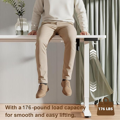 Veken 55 Inch Large Electric Standing Desk,Sit to Stand Up, Heights Adjustable, Work Home Office Computer Table for Study, Walking Pad, Writing, and Games, Wooden Desktop Desks, White
