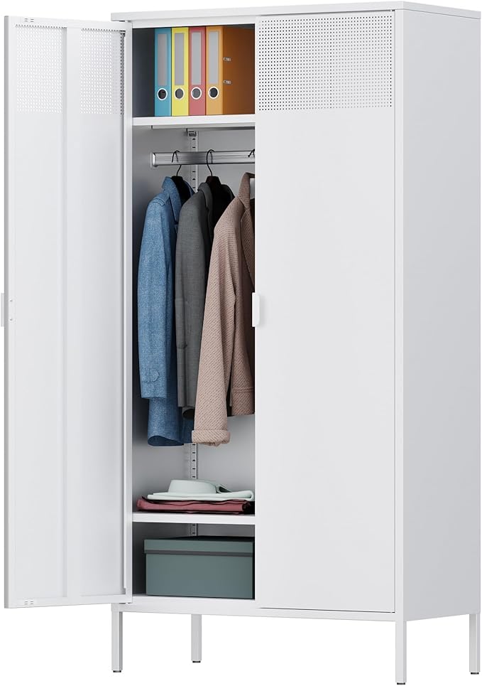 71 Inches White Metal Wardrobe Cabinet with Hanging Rod, Metal Armoire Wardrobe Closet with Doors for Bedroom, Office, Laundry Room and Changing Room, Metal Locker Cabinet