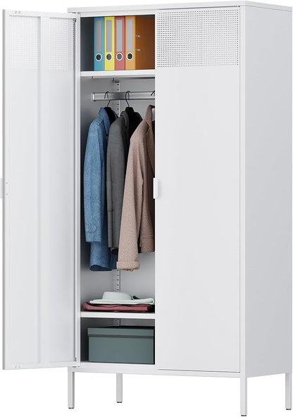 71 Inches White Metal Wardrobe Cabinet with Hanging Rod, Metal Armoire Wardrobe Closet with Doors for Bedroom, Office, Laundry Room and Changing Room, Metal Locker Cabinet