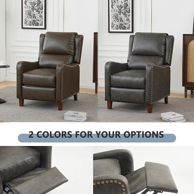 Pushback Recliner Chair, PU Leather Push Back Armchair, Upholstered Recliner Chair 105-135 Degree Adjustable, Retro Accent Chair for Living Room Bedroom - Gray