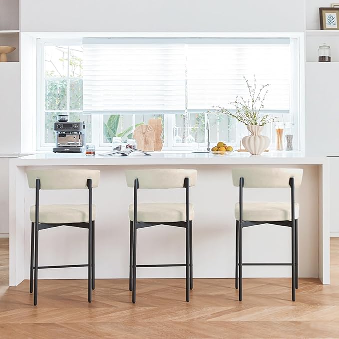 Beige Modern Bar Stools Set of 3, 24 Inch Faux Leather Counter Stools with Curved Backrest, Counter Height Bar Stool for Kitchen Island