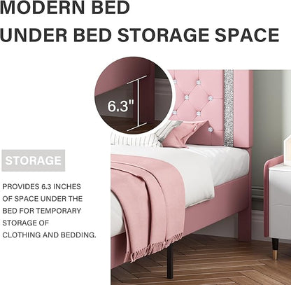 BarnFurin Queen Bed Frame with Headboard, Faux Leather Upholstered Bed with Diamond Tufted Design, Modern Platform Bed Frame, No Box Spring Required, Easy Assembly, Pink