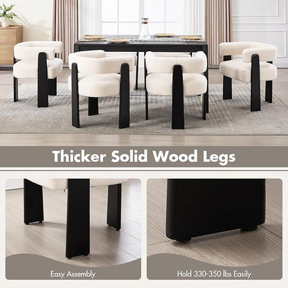 Modern Boho Dining Chairs Set of 2, White Boucle Upholstered Barrel Armchairs with Plush Teddy Fabric, Solid Black Wooden Legs, Mid-Century Accent Chairs for Dining Room, Living Room, Kitchen