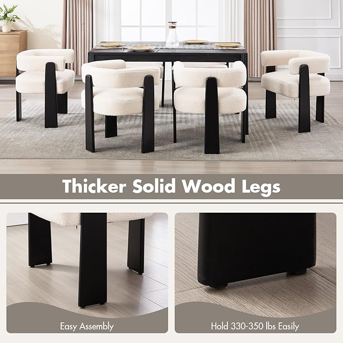 Modern Boho Dining Chairs Set of 6, White Boucle Upholstered Barrel Armchairs with Plush Teddy Fabric, Solid Black Wooden Legs, Mid-Century Accent Chairs for Dining Room, Living Room, Kitchen