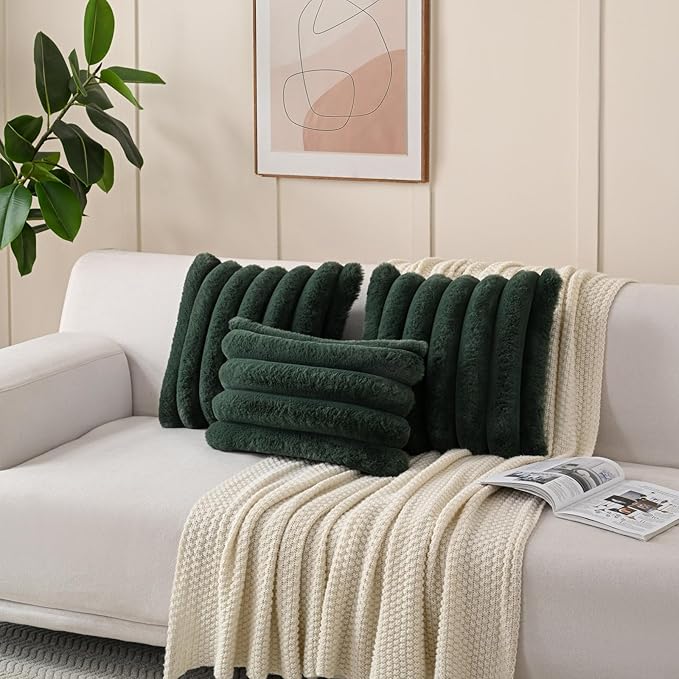 FUTEI Christmas Dark Green Decorative Throw Pillow Covers 24x24 Inch Set of 2, Square Soft Faux Rabbit Fur Thick Striped European Cushion Covers,Winter Home Decor for Couch Bed Living Room