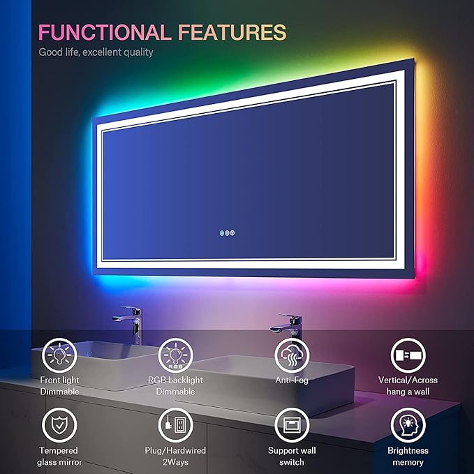 60x28 Inch LED Bathroom Mirror with Lights, RGB Color Changing Lighted Mirrors for Bathroom Wall, Dimmable, Anti-Fog,Large LED Mirror for Bathroom (RGB Multicolor Backlit+Front-Lit)