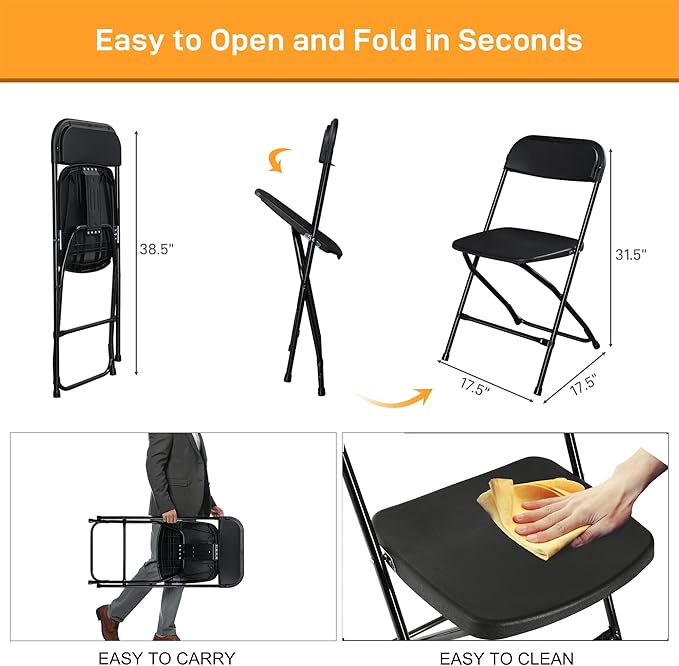 80 Pack Black Plastic Folding Chairs, Portable Party Chairs, Stackable Commercial Seats with Steel Frame for Home Office Wedding Party Indoor Outdoor Events Chairs, 350lbs Capacity