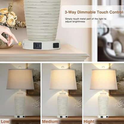 25" Retro White Farmhouse Jar Table Lamps for Living Room, 3 Way Touch Control Rustic Bedside Lamps with USB A+C Ports & AC Outlet, Pot Nightstand Lamps for Bedroom (LED Bulbs Included)