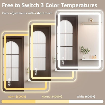 40" x 30" Led Bathroom Mirror with Lights, Anti-Fog & Tri-Color Lighting - Wall Mounted Shaving Mirror with Touch Sensor, Waterproof & Smart LED Vanity Mirror,Tempered Glass, Dimmable Smart Mirror