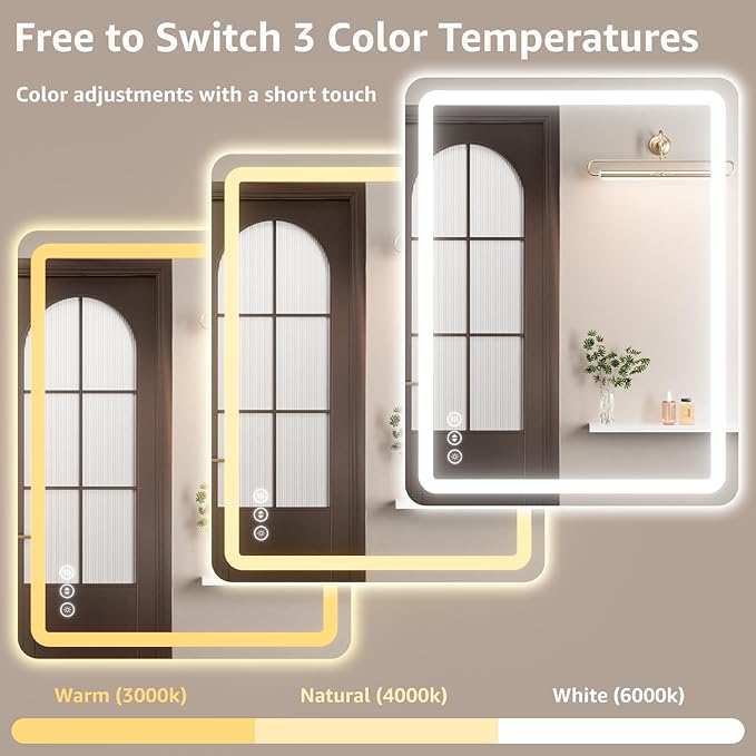 48" x 30" Led Bathroom Mirror with Lights, Anti-Fog & Tri-Color Lighting - Wall Mounted Shaving Mirror with Touch Sensor, Waterproof & Smart LED Vanity Mirror,Tempered Glass, Dimmable Smart Mirror