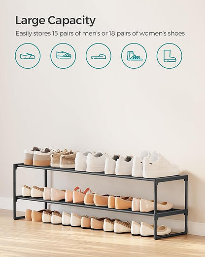 SONGMICS Shoe Rack, 2-Tier Shoe Organizer, Metal Storage Shelf, Upright or Upside Down, for 15-18 Pairs, Stackable, for Entryway, 11.8 x 46.1 x 13.4 Inches, Black ULSA032B01