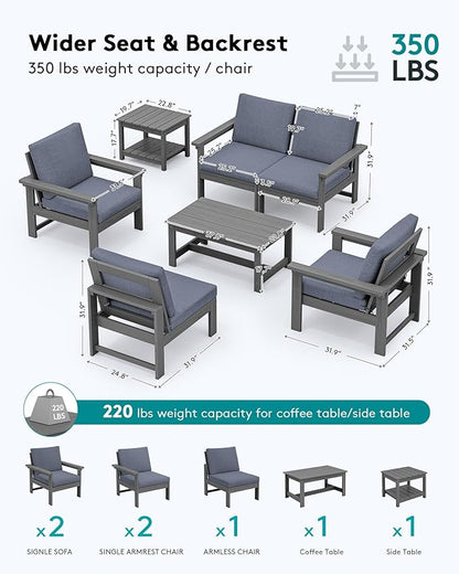 SERWALL HDPE Patio Furniture Set with 15FT Double Side Patio Umbrella, 7-piece Outdoor Modular Sectional Sofa Set, All Weather Patio Couch Set for Deck, Gray & Gray Cushion（Umbreall Base not Included）