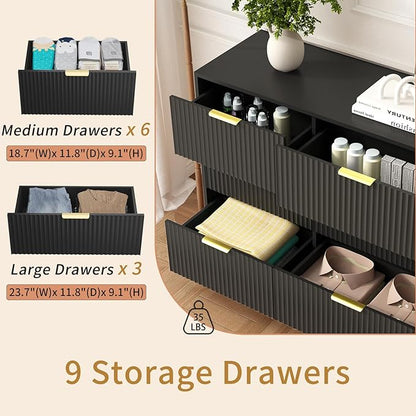 9 Drawer Dresser for Bedroom with Deep Drawers, 63" Wide Wood Dresser, Large Floor Chest of Drawers, Modern Long TV Stand, Storage Cabinet Side Table, Black