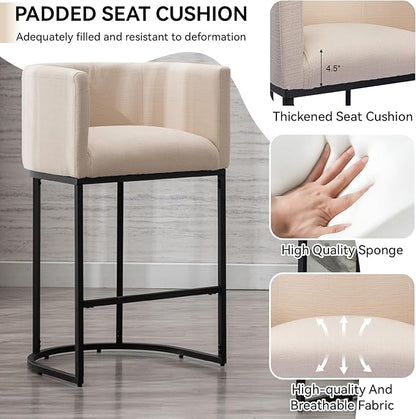 Contemporary Cream Linen Bar Stools Set of 4, 29" Upholstered Fabric Counter Height Barstools Kitchen Counter Island Stools with Screwed Together Black Metal Base
