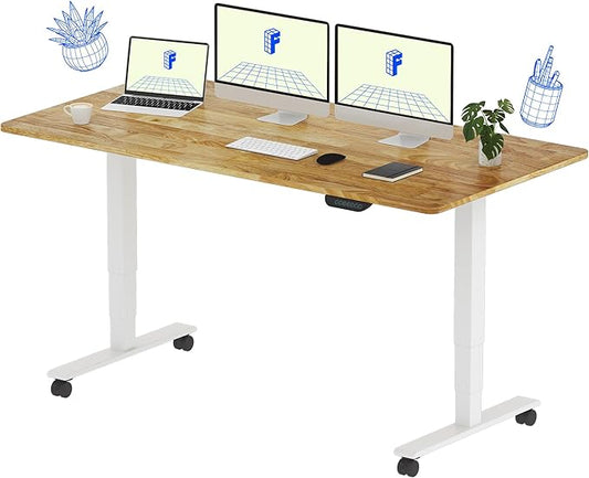 FLEXISPOT E6 MAX Solid Wood 63x24 Inch Dual Motor 3-Stage Heavy Duty Standing Desk, 330lbs Weight Capacity, Height Adjustable Desk w/Cable Management & Wheels(Butcher Block Rubberwood + White Frame)