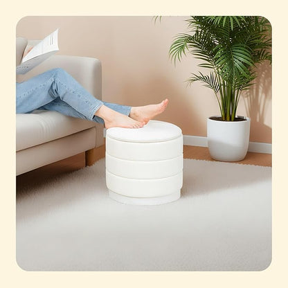 PINPLUS Round Velvet Ottoman Tray, White Upholstered Decorative Accent for Footstool or Coffee Table, Removable Serving Surface