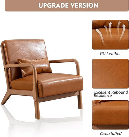 ANJHOME Mid Century Modern Accent Chairs Set of 2, PU Leather Reading Chair with Solid Wood Frame, Easy Assembly Armchair for Living Room