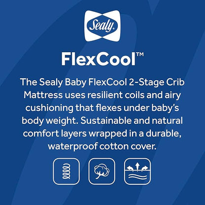 Sealy Baby Flex Cool 2 Stage Breathable Crib Mattress with Toddler Bed Fit, Waterproof & Airy Cotton Cover, 204 Premium Coils, GREENGUARD Gold Certified, Safety & Quality Tested, Made in USA, 52x28"