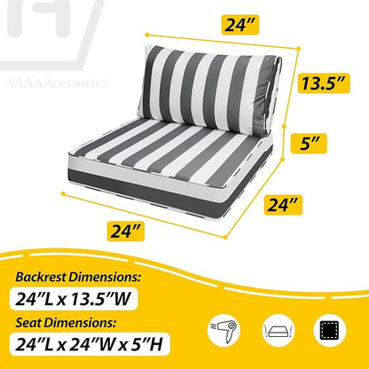 AAAAAcessories Outdoor Deep Seat Cushions, Waterproof, Fade-Resistant Patio Furniture Replacement Cushions, 24" x 24" x 5" + 24" x 13.5", Set of 4, Gray Cabana Stripe